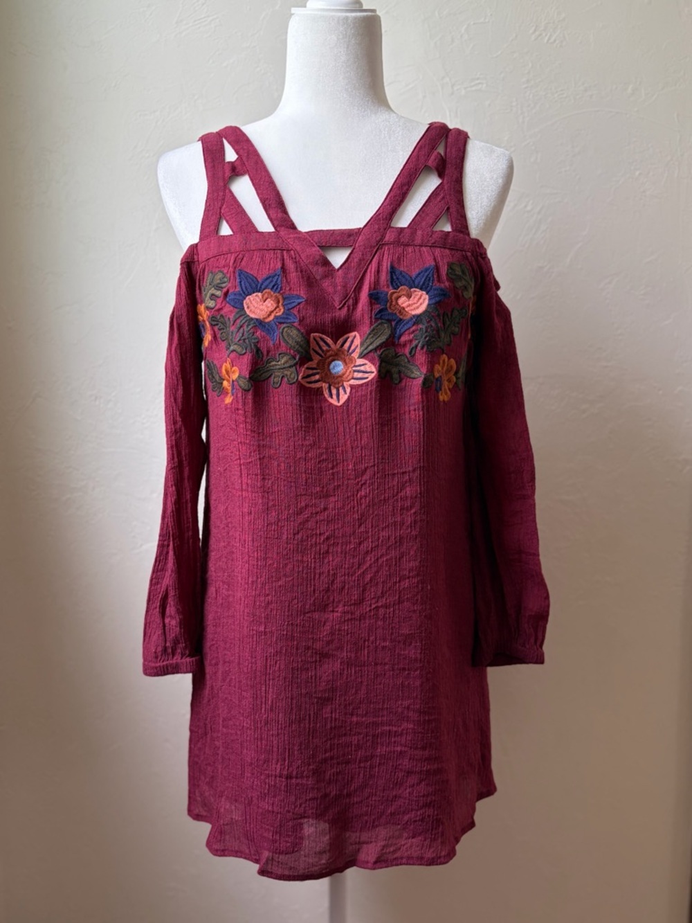 THML Maroon Embroidered Cold Shoulder Mini Dress Size MP